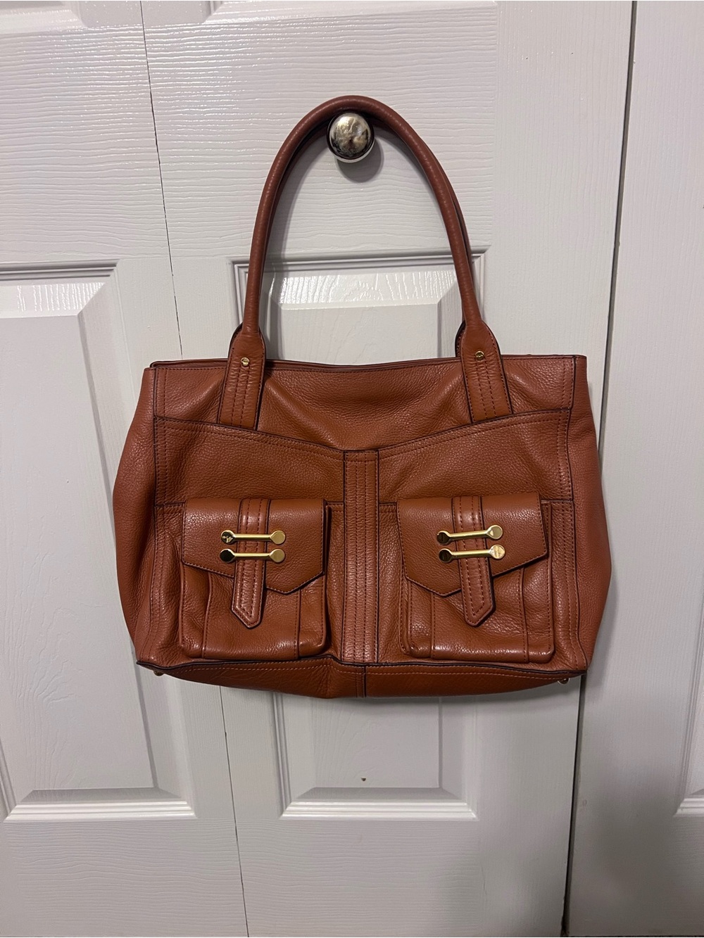 Women's Tan Leather Tote Bag with Front Pockets